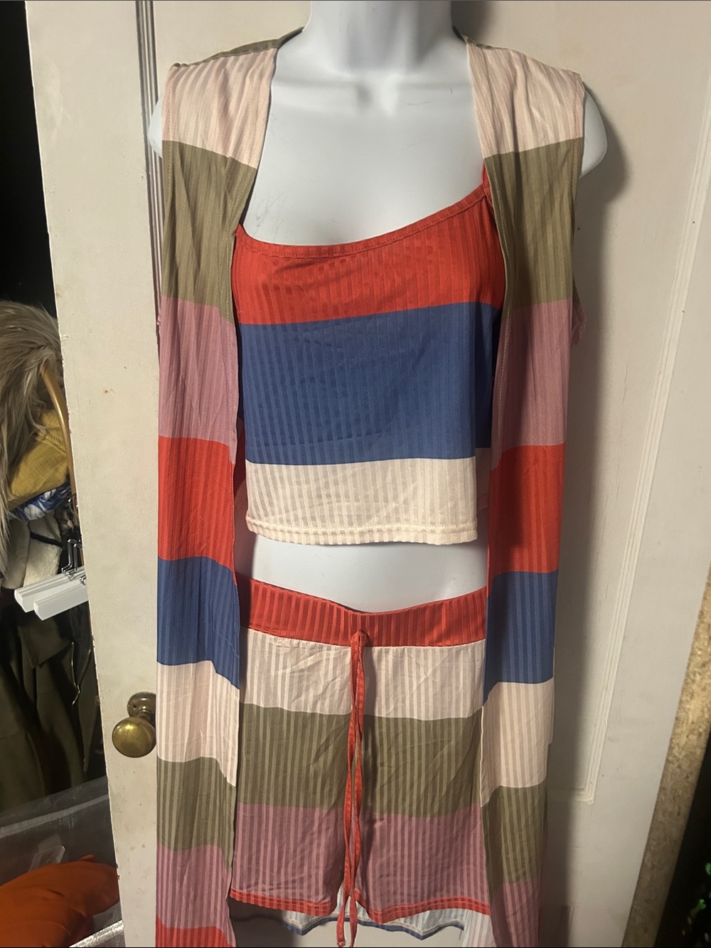 Women's Multicolor Striped Athletic Shorts — Blue, Red, Cream